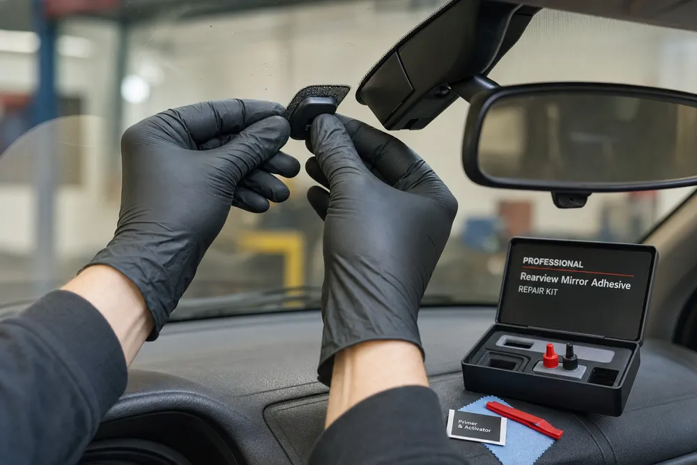 Technician re-gluing a rearview mirror mount to a windshield