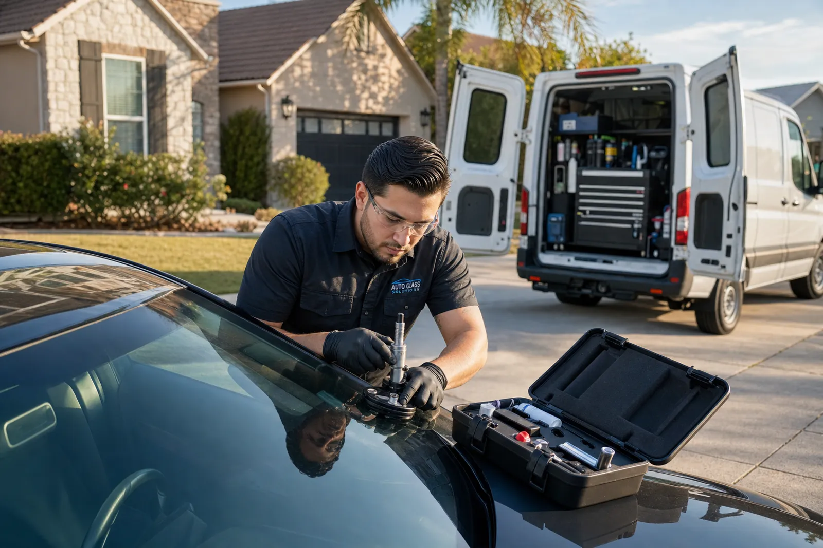 Mobile technician repairing a windshield in a customer's driveway